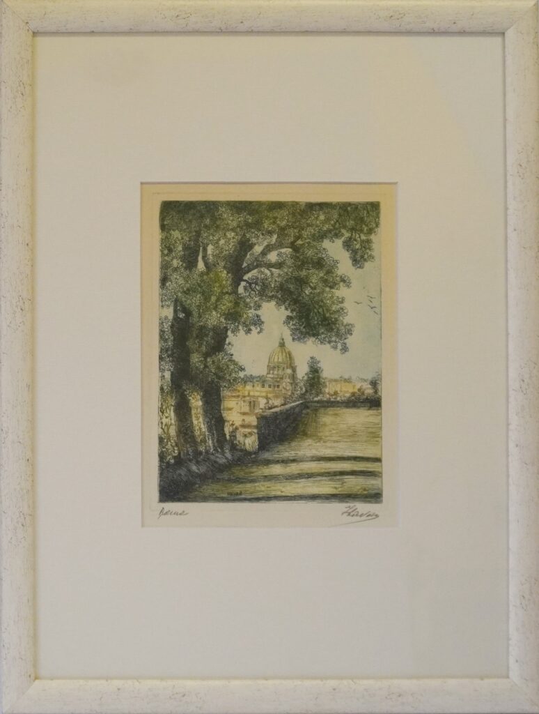 Urbanistinis peizažas, XX a. II pusė. Autorius J. Bama vario raižinys 43 x 33 cm.